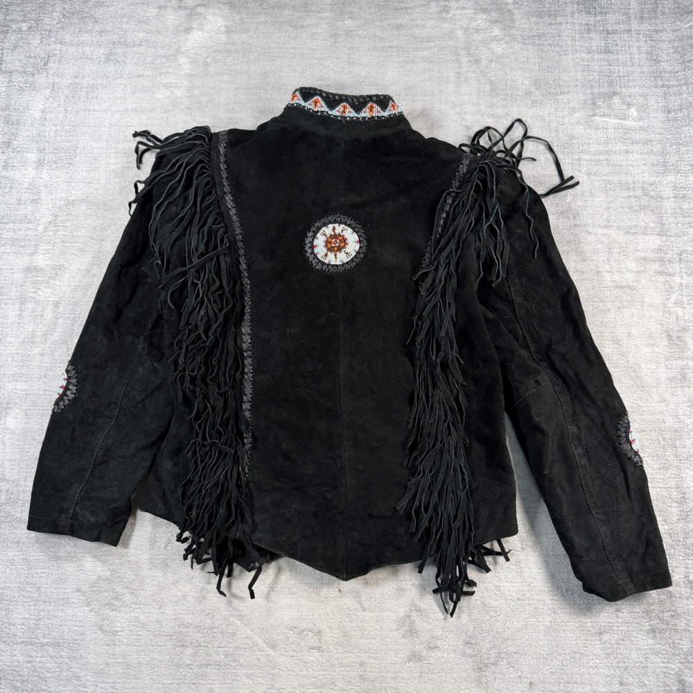 Canadian Leather Creations Jacket Womens XL Black Suede Fringe Beaded Western - Picture 8 of 13